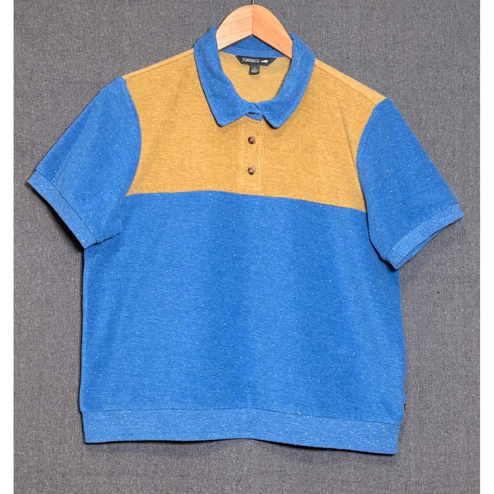 Toad&Co Eventide Terry SS Polo Shirt Blue Yellow Colorblock Women's Large